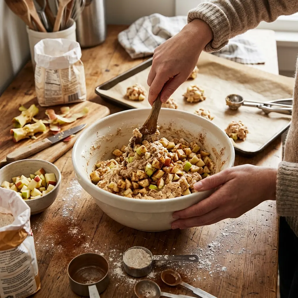 Folding diced apples into apple fritter bite batter