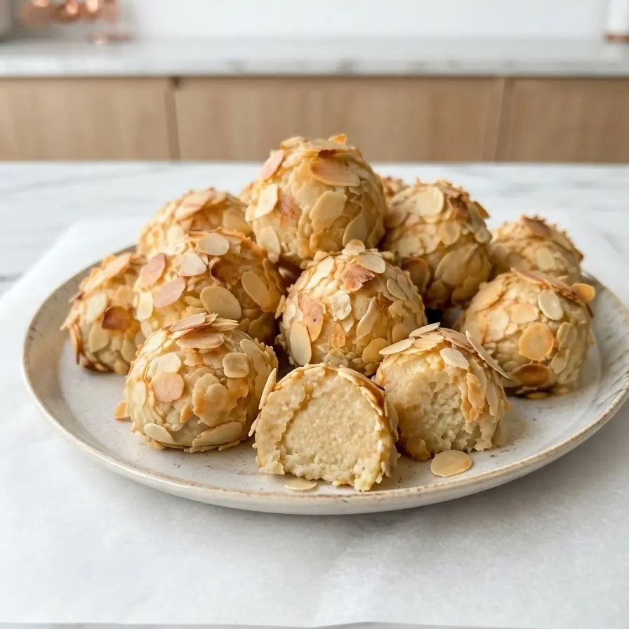 Baked Marzipan Balls coated in sliced almonds on a plate, one cut open to show the soft center