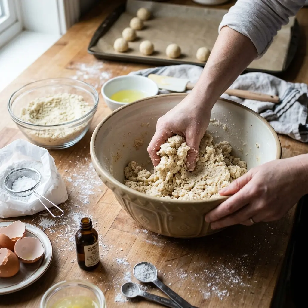 Baked Marzipan Balls 8 Kneading the dough for Baked Marzipan Balls by hand in a large mixing bowl