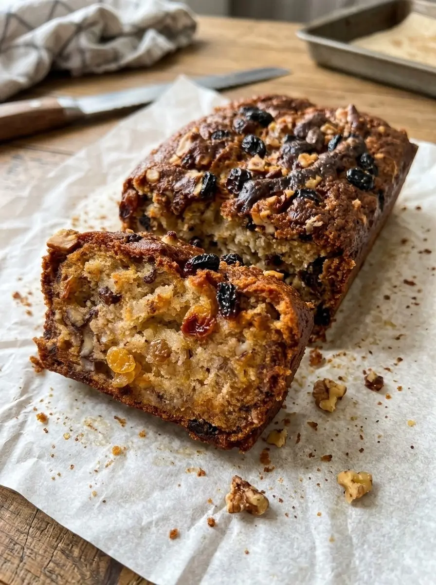 Sliced banana raisin bread with walnuts and golden and dark raisins on parchment