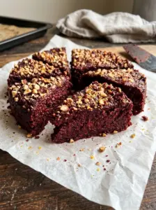 Deep red beet and orange chocolate bars topped with chopped hazelnuts, cut into pieces on parchment paper