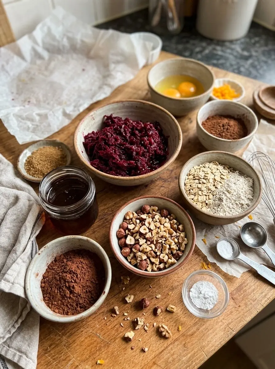 Beet and Orange Chocolate Hazelnut Bars 4 Ingredients for beet and orange bars: grated beets, eggs, cocoa, oats, hazelnuts, orange zest, and honey