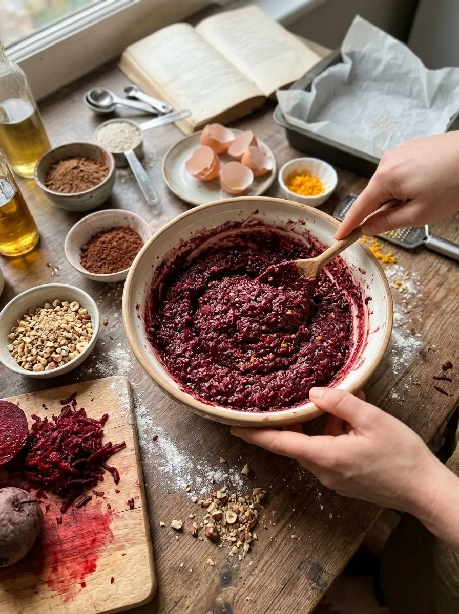 Beet and Orange Chocolate Hazelnut Bars 5 Stirring grated beet and orange batter with chopped hazelnuts, cocoa, and eggs in a large bowl for beet and orange bars
