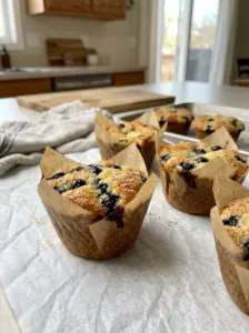 Buttermilk blueberry lemon muffins on a cooling rack
