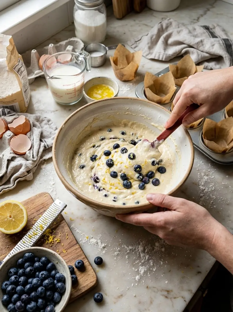 Fluffiest Buttermilk Blueberry Lemon Muffins 5 Folding blueberries into buttermilk lemon muffin batter