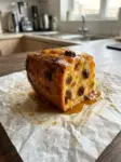 Calatrava Bread (Pan de Calatrava) 6 A slice of calatrava bread pudding with a golden caramelized top, raisins, and caramel syrup on parchment paper