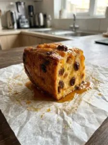 A slice of calatrava bread pudding with a golden caramelized top, raisins, and caramel syrup on parchment paper