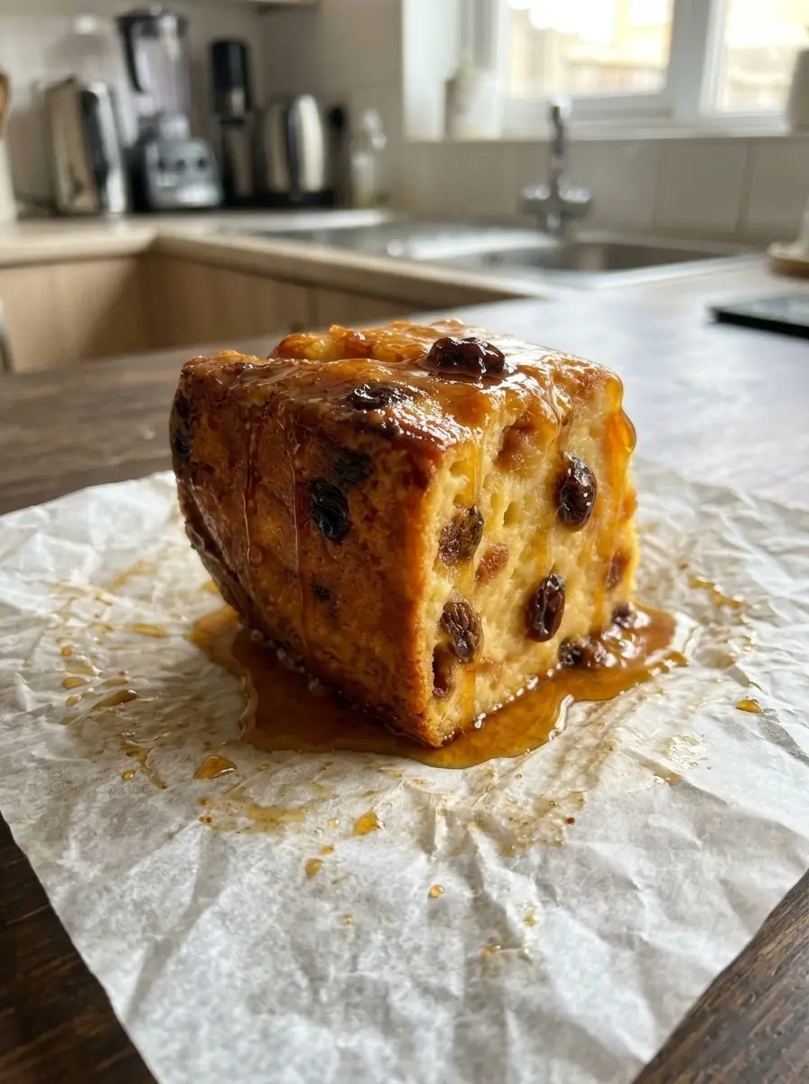 A slice of calatrava bread pudding with a golden caramelized top, raisins, and caramel syrup on parchment paper