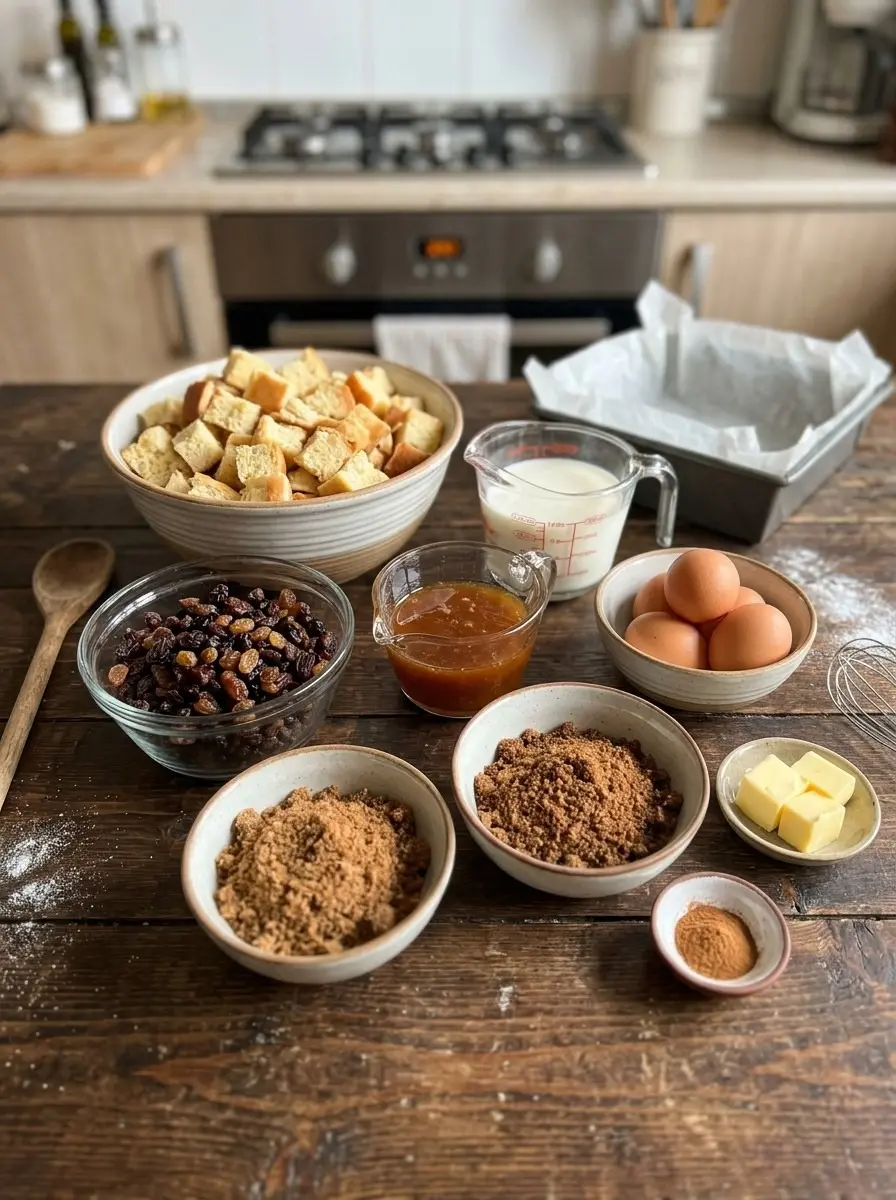 Calatrava Bread (Pan de Calatrava) 4 Ingredients for calatrava bread: bread cubes, raisins, milk, caramel syrup, eggs, brown sugar, butter, and cinnamon