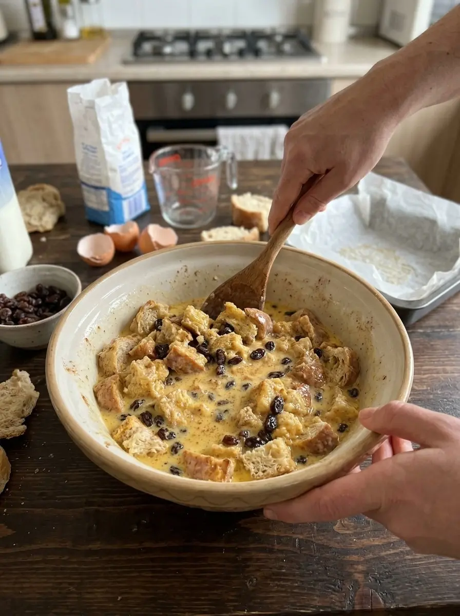 Calatrava Bread (Pan de Calatrava) 5 Stirring bread cubes and raisins into a milk and egg custard in a large bowl for calatrava bread