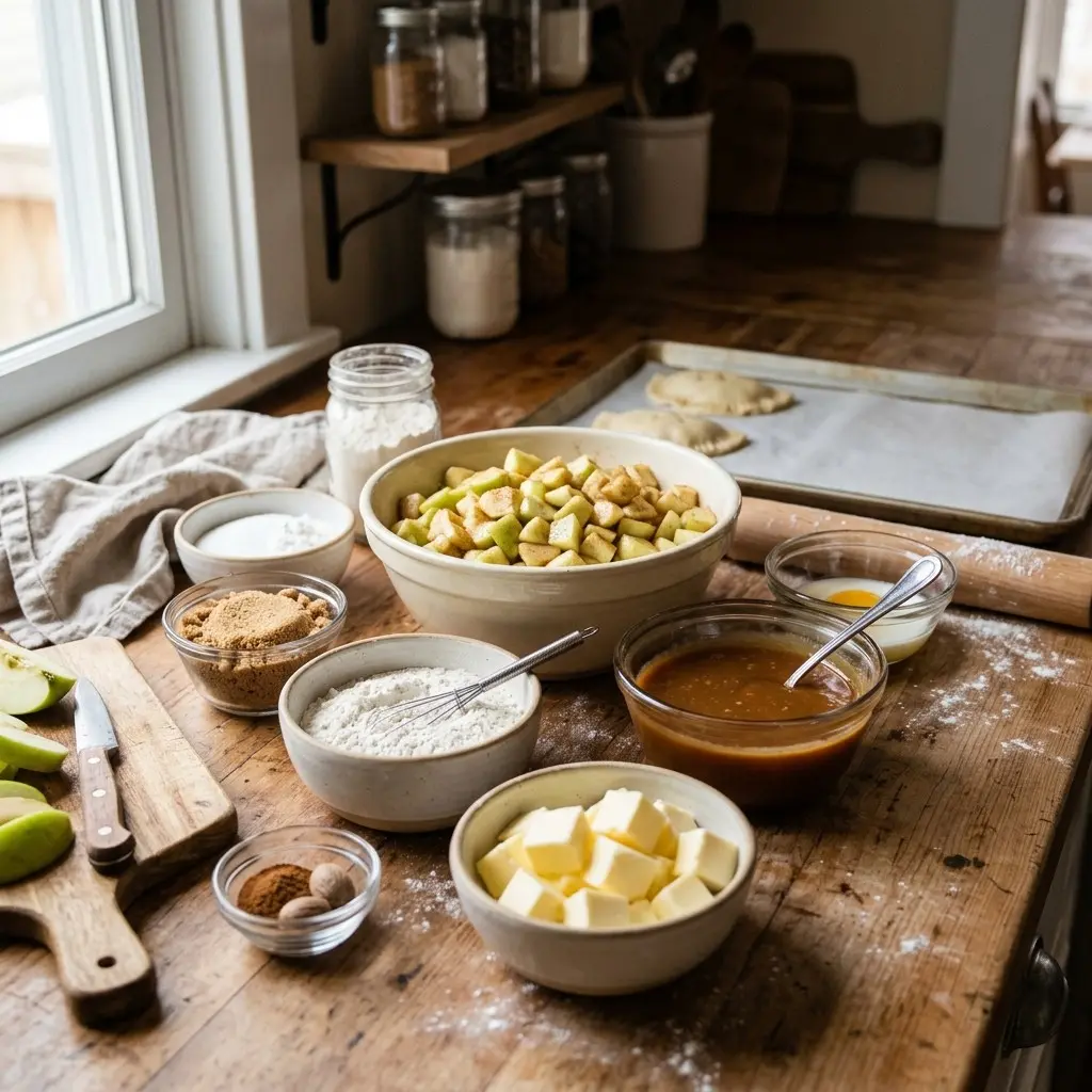 Caramel Apple Hand Pie 7 Ingredients for Caramel Apple Hand Pies laid out in bowls, including diced apples, butter, flour, caramel, and egg