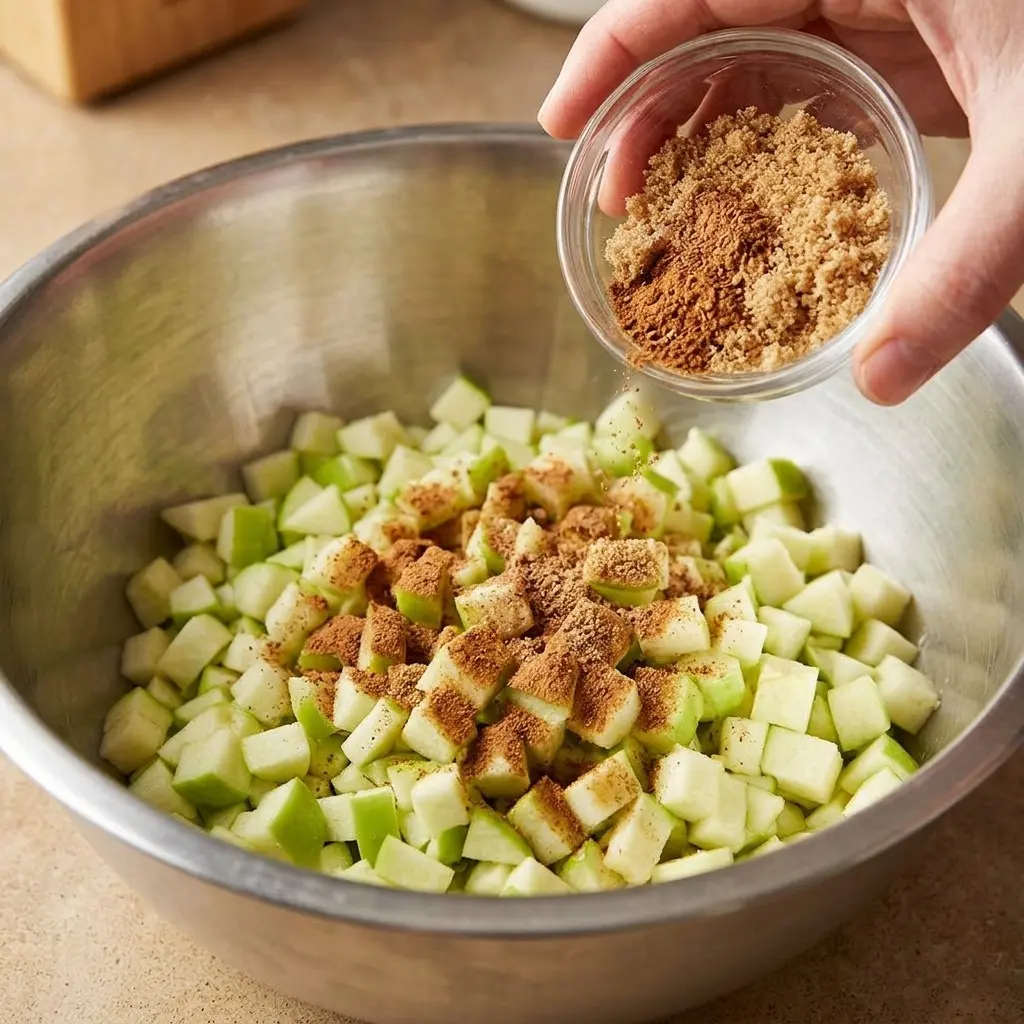 Caramel Apple Hand Pie 8 Sprinkling cinnamon over diced green apples for Caramel Apple Hand Pie filling
