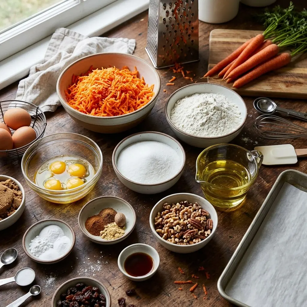 Ingredients for Carrot Cake Sheet Cake laid out in bowls, including grated carrots, flour, eggs, sugar, oil, and spices
