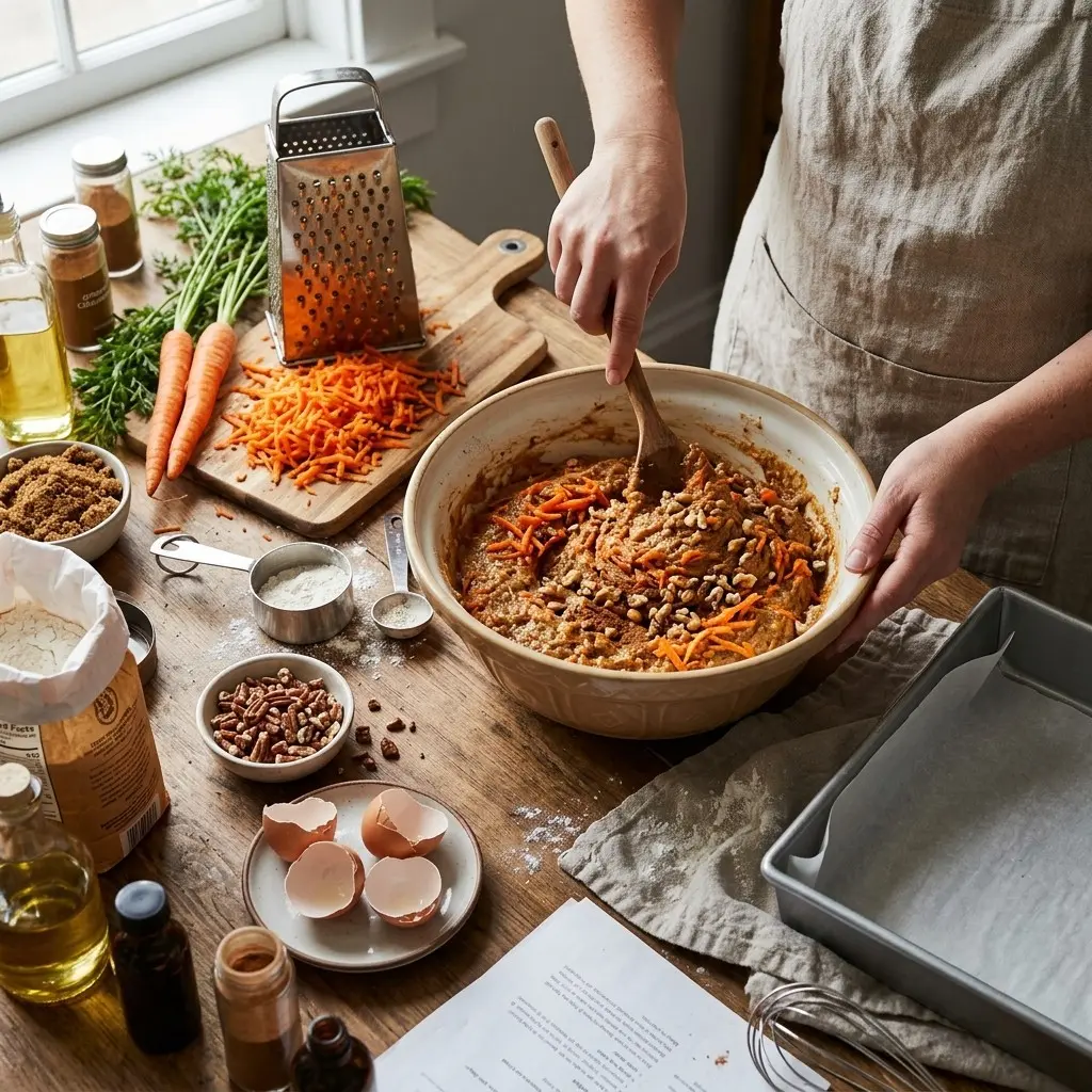 Folding grated carrots into Carrot Cake Sheet Cake batter in a large mixing bowl
