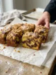 Squares of chocolate cheesecake swirl yogurt crumb cake showing a chocolate swirl inside yellow cake under a crumb topping