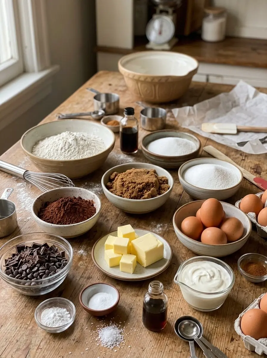 Ingredients for chocolate cheesecake swirl yogurt crumb cake: flour, cocoa, brown sugar, butter, eggs, Greek yogurt and chocolate