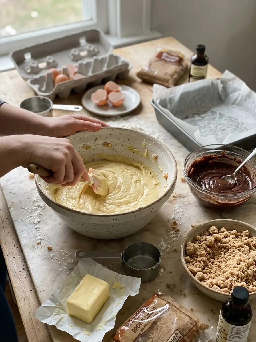 Mixing vanilla yogurt cake batter next to a bowl of chocolate cheesecake swirl and a bowl of crumb topping