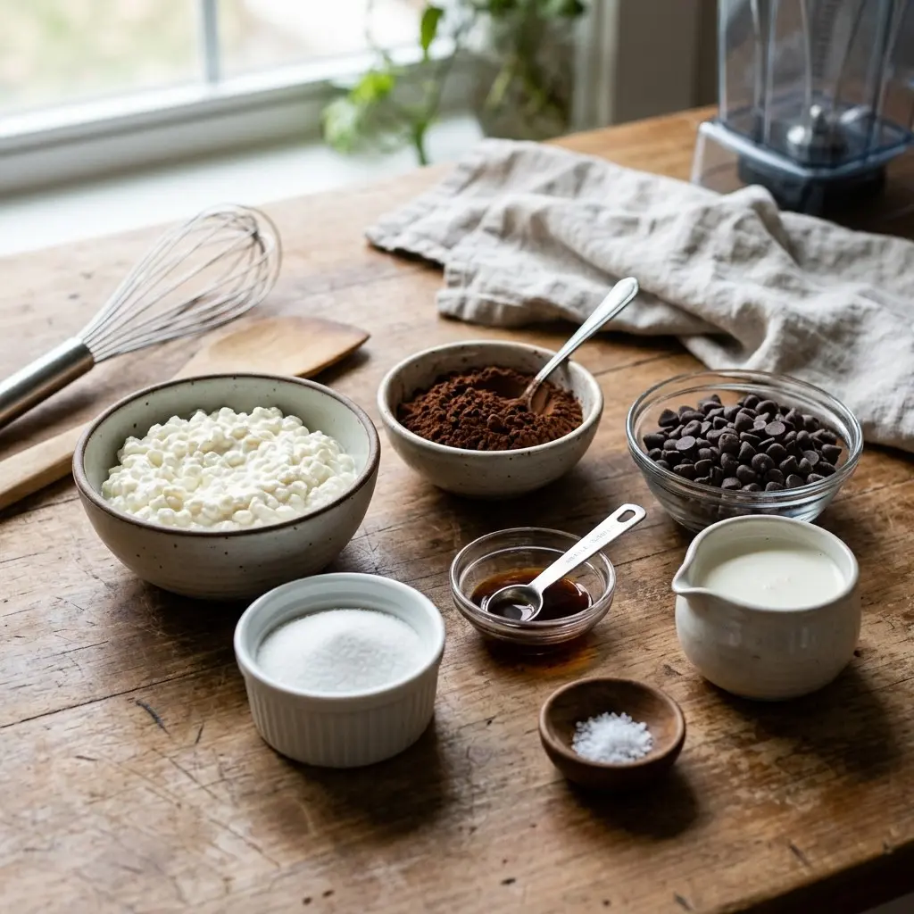 Chocolate Cottage Cheese Ice Cream 7 Ingredients for Chocolate Cottage Cheese Ice Cream laid out in bowls, including cottage cheese, cocoa, and vanilla