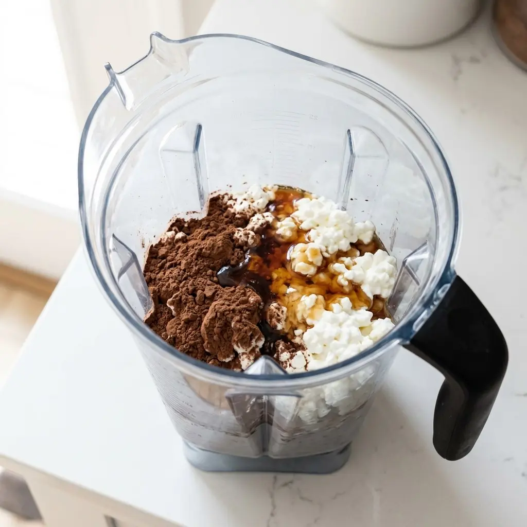 Chocolate Cottage Cheese Ice Cream 8 Cottage cheese, cocoa, and honey in a blender ready to blend into Chocolate Cottage Cheese Ice Cream