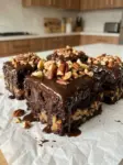 Slices of chocolate pecan brownie cake with a cookie dough layer, chocolate ganache dripping down, and chopped pecans on top