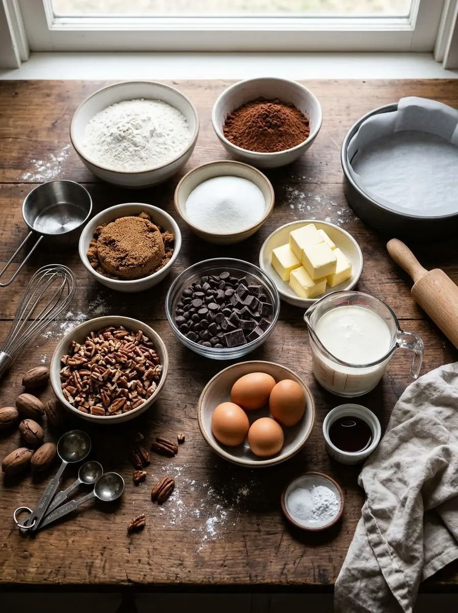Ingredients for chocolate pecan brownie cake: flour, cocoa, sugar, brown sugar, butter, chocolate chips, pecans, eggs, cream, vanilla, and a springform pan
