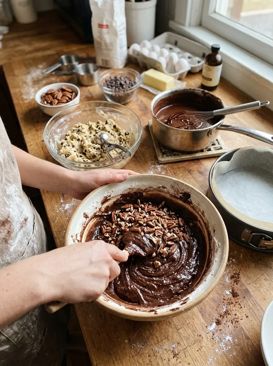 Folding pecans into brownie batter with chocolate chip cookie dough and ganache ready beside a springform pan