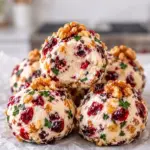Stack of Christmas cranberry walnut cheese balls studded with dried cranberries, walnuts and parsley