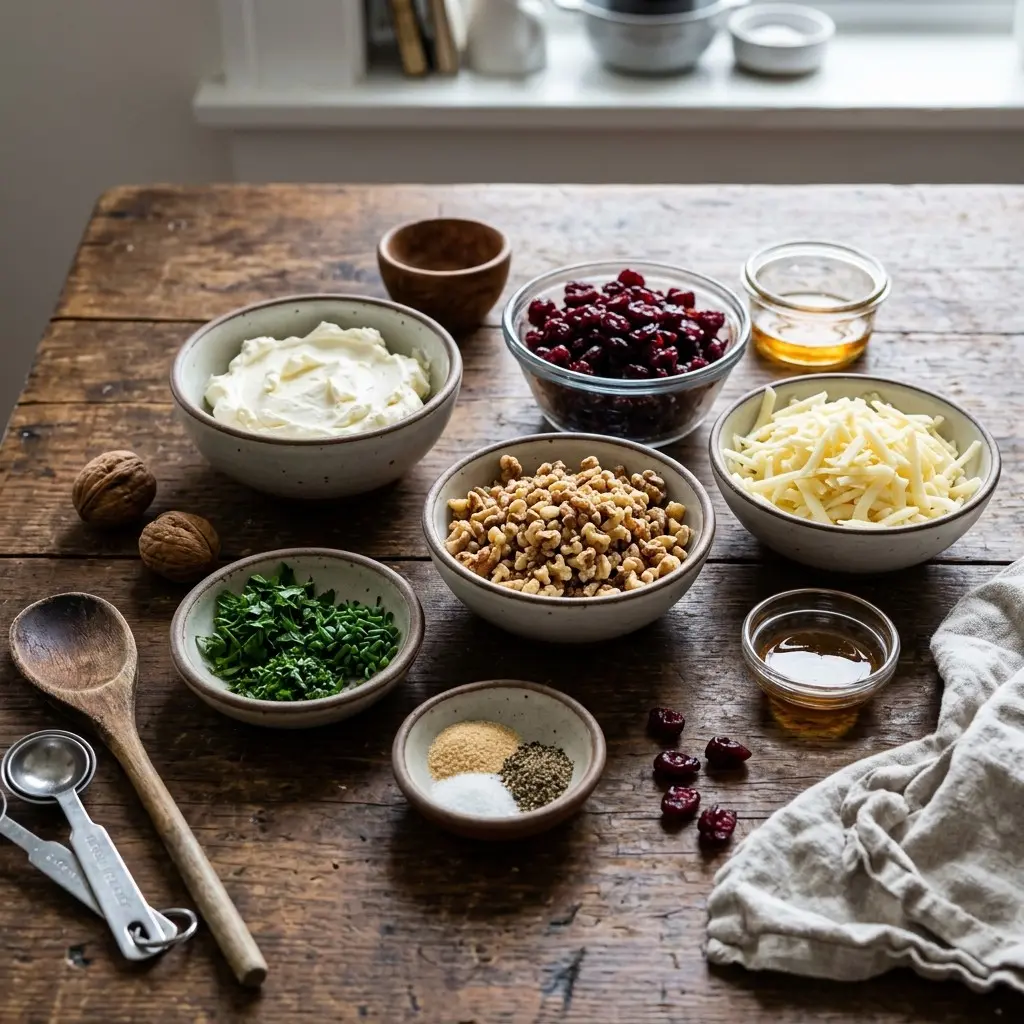 Ingredients for Christmas cranberry walnut cheese balls: cream cheese, dried cranberries, walnuts, shredded cheese, herbs and honey
