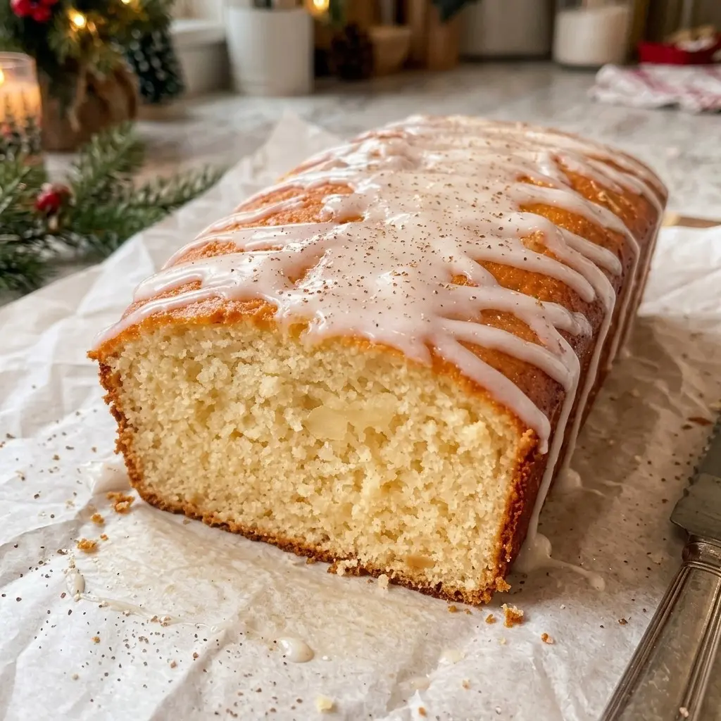 Sliced eggnog bread with rum glaze on a plate