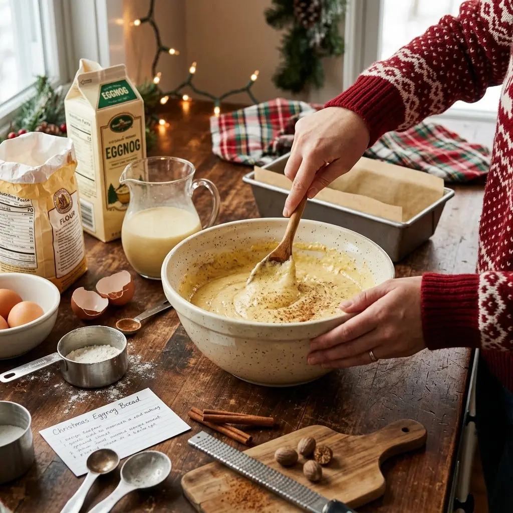 Christmas Eggnog Bread with Rum Glaze 5 Mixing eggnog bread batter
