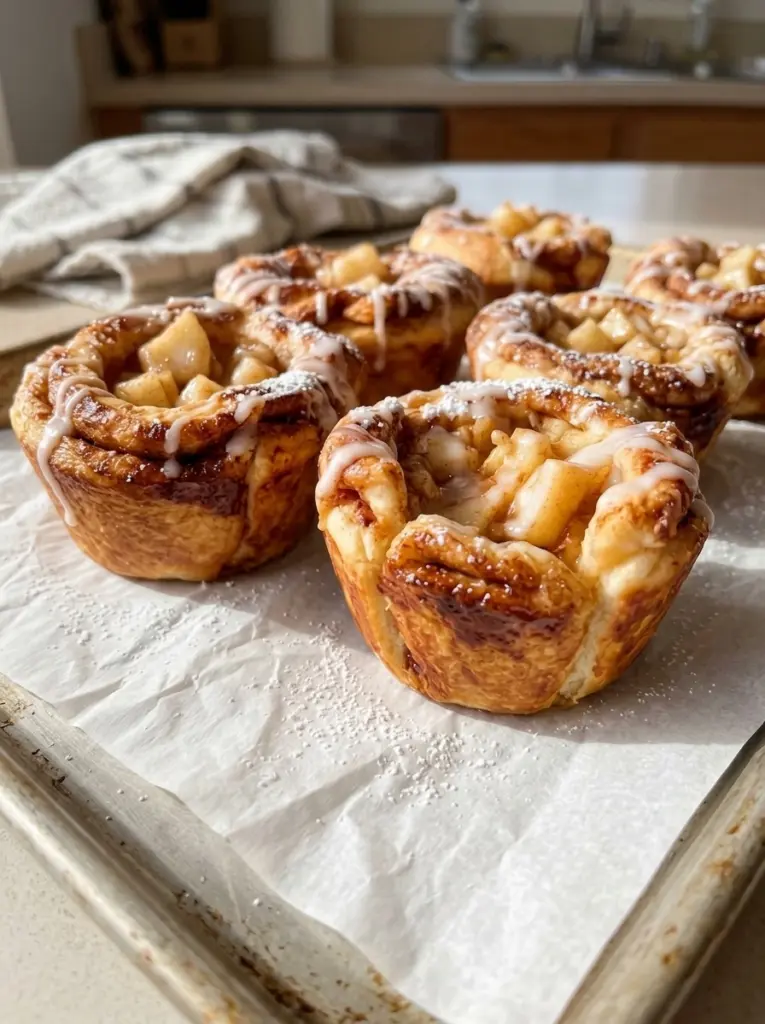 Cinnamon roll apple pie cups with icing drizzle