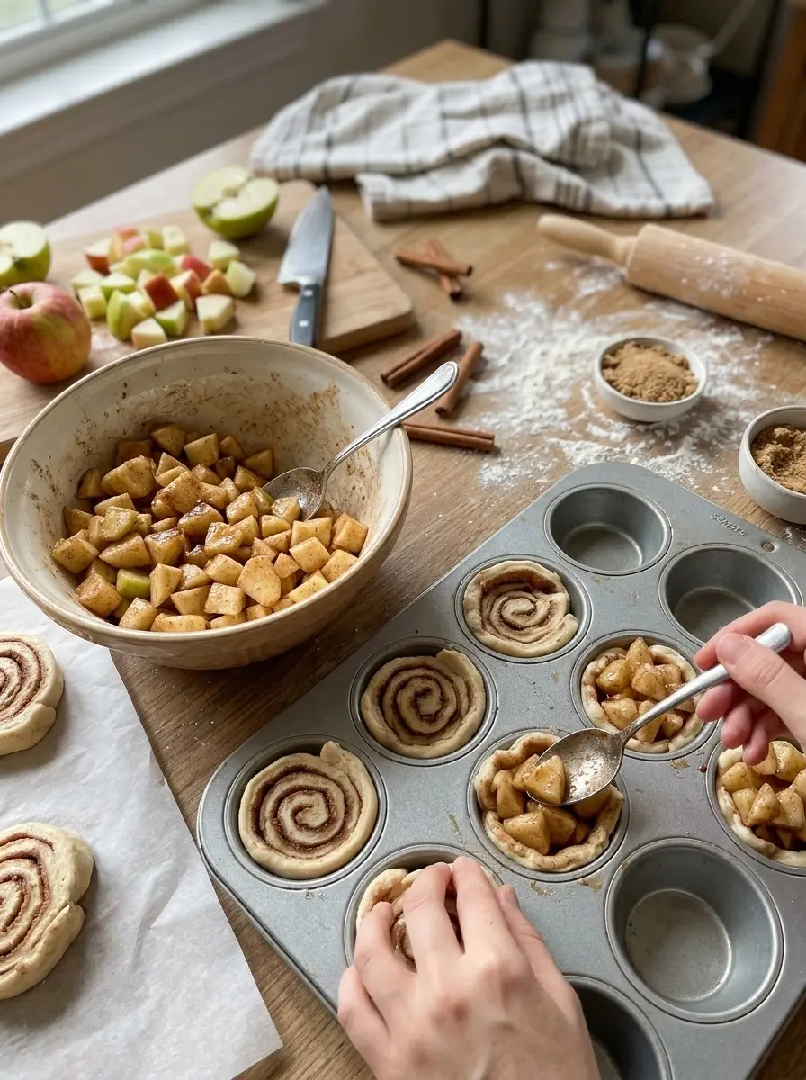 Cinnamon Roll Apple Pie Cups 5 Pressing cinnamon roll dough into a muffin tin for apple pie cups