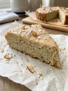 A slice of coconut chia cake with a chia-speckled crumb, a light glaze, and toasted coconut and almond slices on parchment paper