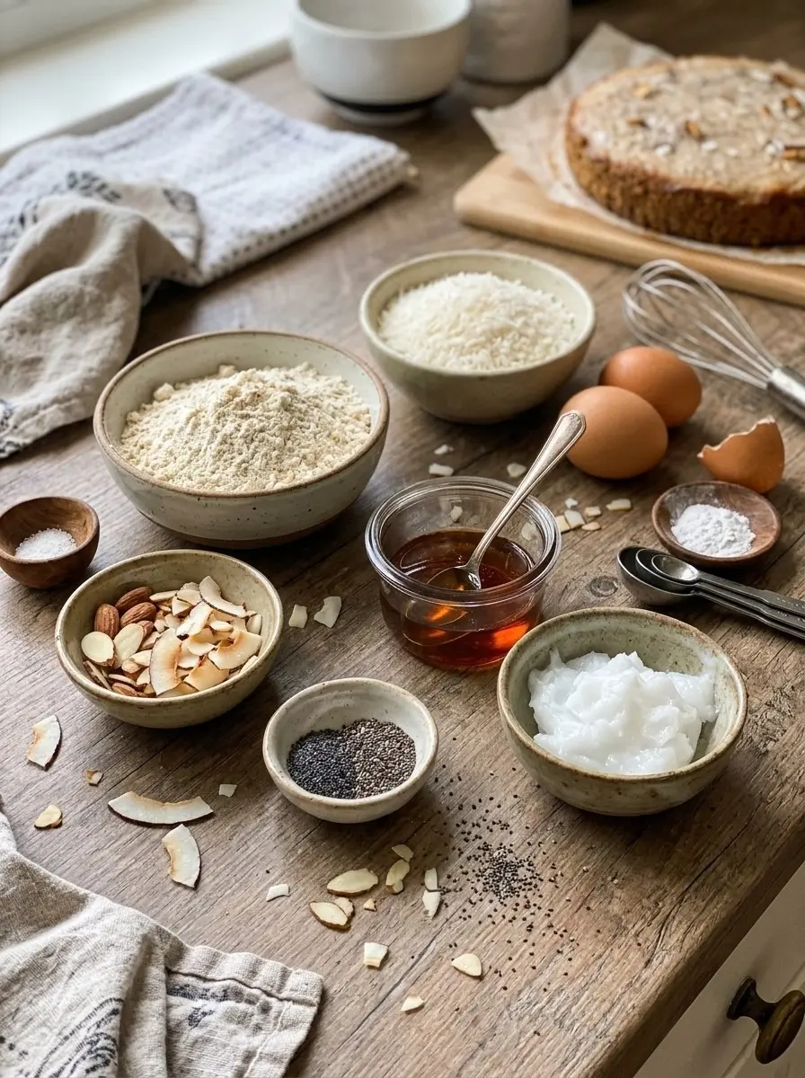 Coconut Chia Oatmeal Cake 4 Ingredients for a coconut chia cake: almond flour, shredded coconut, eggs, syrup, coconut oil, sliced almonds, and chia seeds