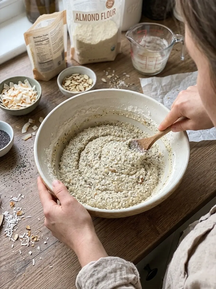 Coconut Chia Oatmeal Cake 5 Stirring chia-speckled coconut and almond flour cake batter in a large bowl with toasted coconut flakes and sliced almonds nearby