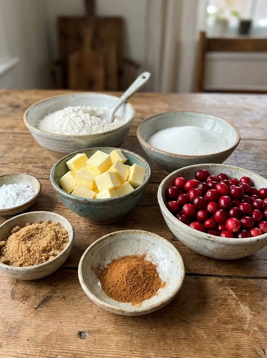 Ingredients for cranberry Christmas cake: flour, sugar, butter, fresh cranberries, brown sugar, cinnamon, and powdered sugar