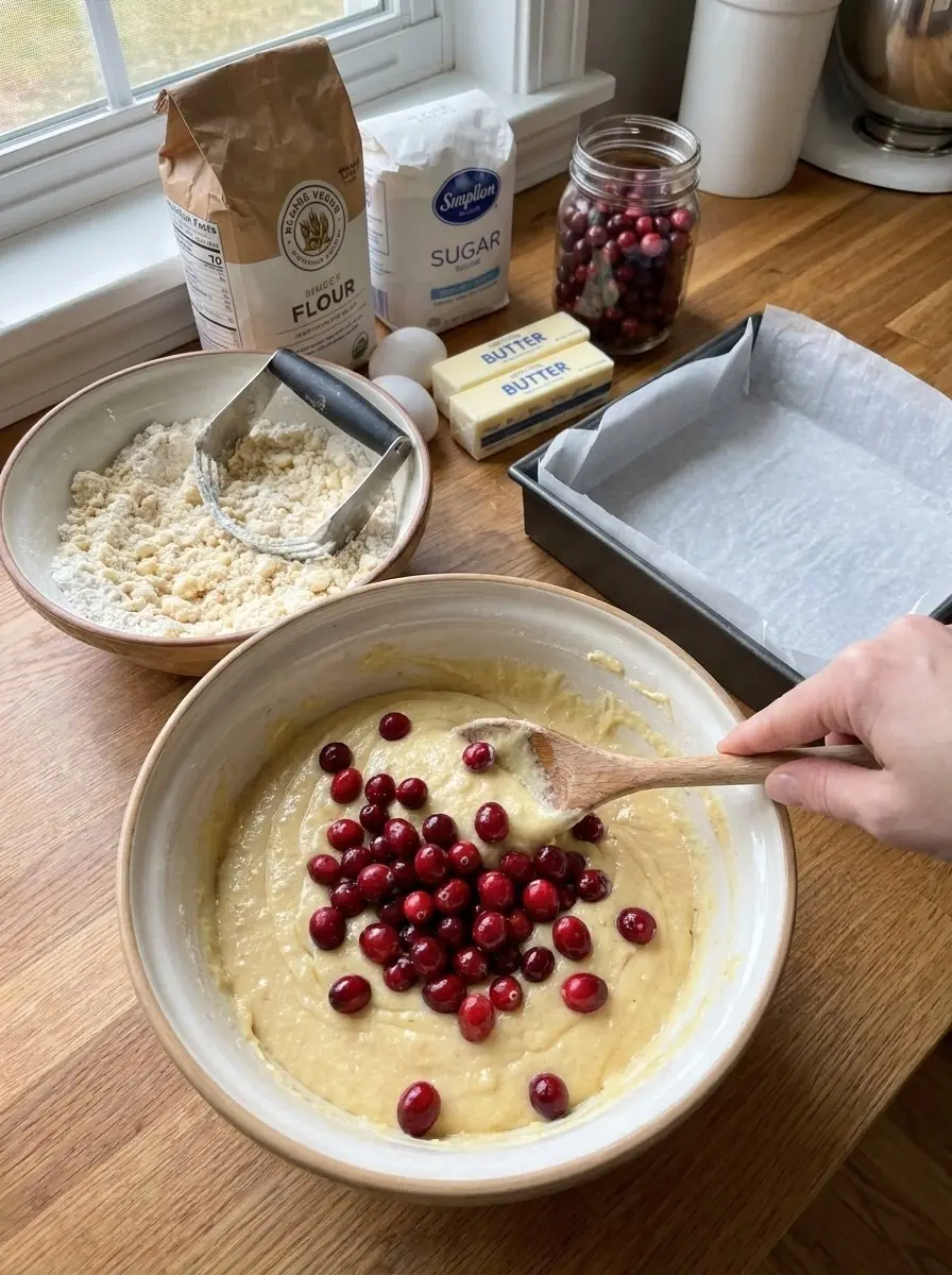 Folding whole fresh cranberries into cake batter in a large bowl beside a bowl of streusel crumbs for cranberry Christmas cake