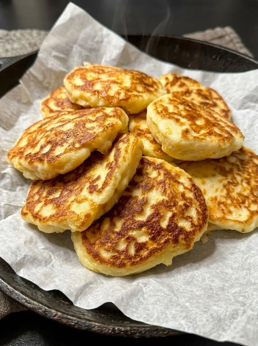 A stack of golden pan-fried cheese pancakes on parchment paper in a cast iron skillet