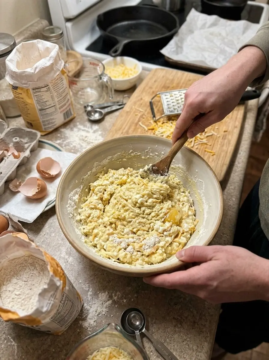 Cream Cheese and Orange Panecitos in a Pan 5 Stirring a cottage cheese, egg, flour, and shredded cheese batter in a large bowl