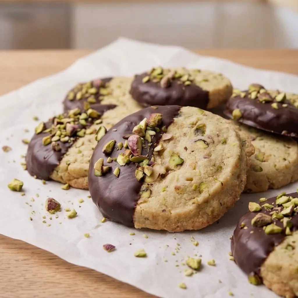Dark chocolate pistachio shortbread cookies dipped in chocolate and topped with pistachios