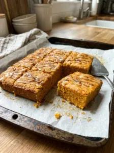 Pumpkin yogurt bake cut into squares in a baking dish