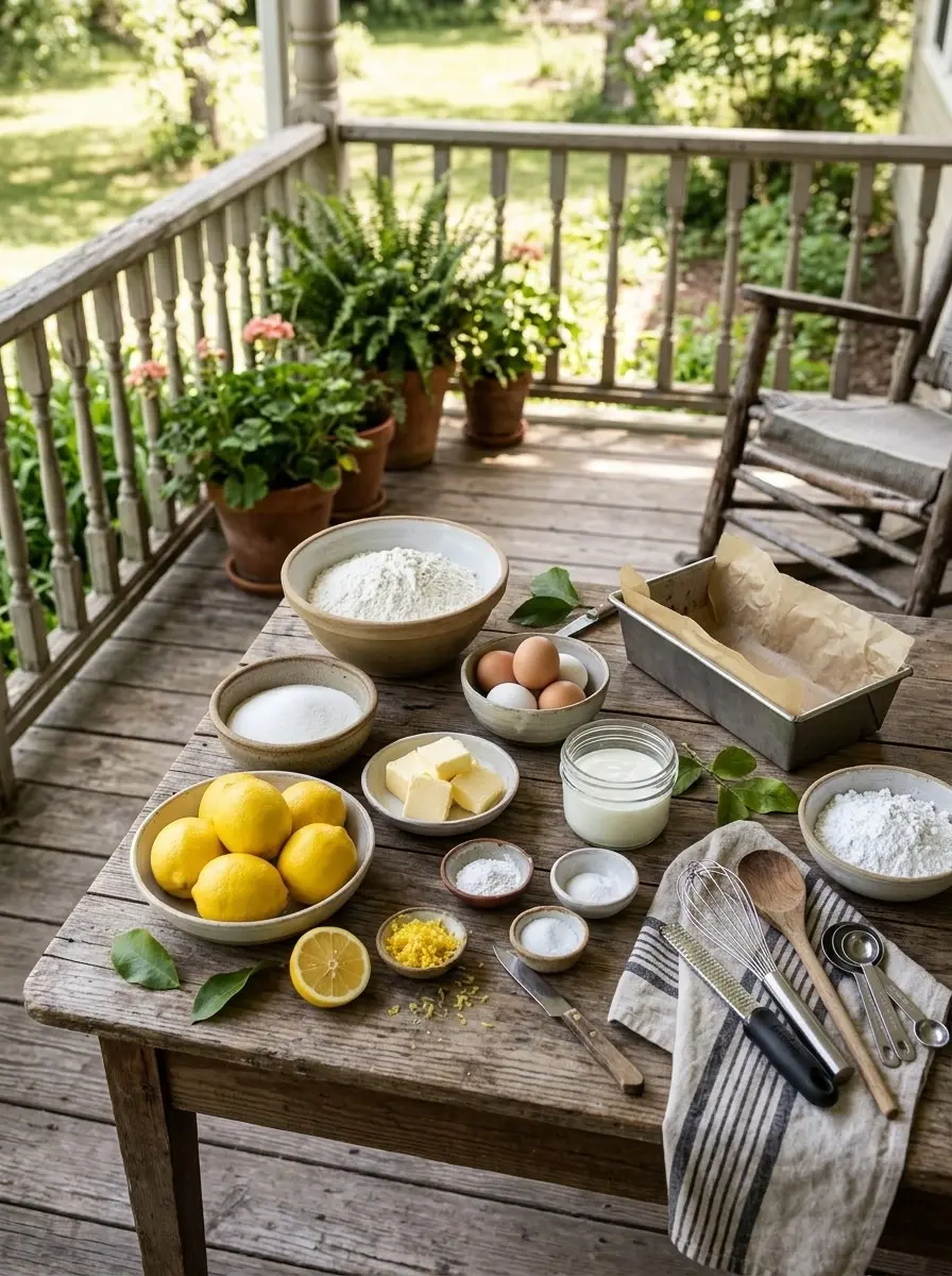Ingredients for front porch lemon loaf on a porch table: lemons, flour, sugar, butter, eggs, sour cream, powdered sugar, and zest
