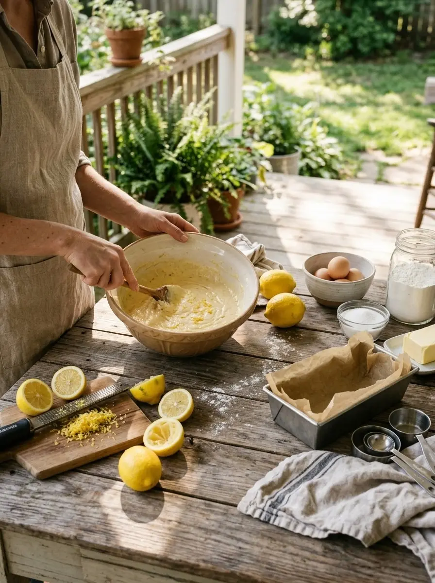 Stirring lemon loaf batter on a porch table with zested lemons and a parchment-lined loaf pan
