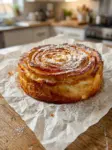 German apple custard spiral cake with a golden puff pastry spiral on top dusted with powdered sugar