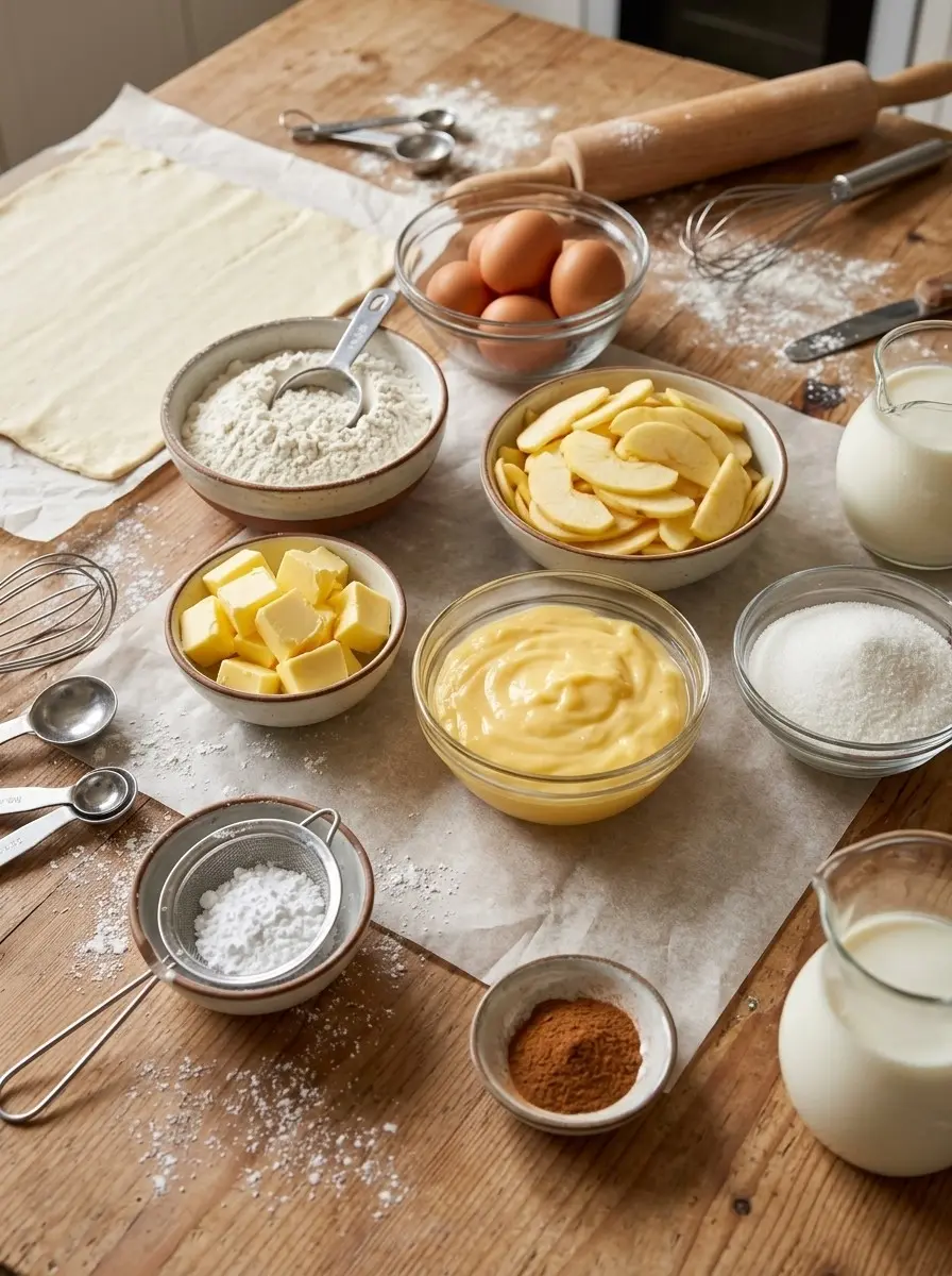 Ingredients for German apple custard spiral cake: puff pastry, flour, eggs, butter, sliced apples, custard, sugar, milk and cinnamon