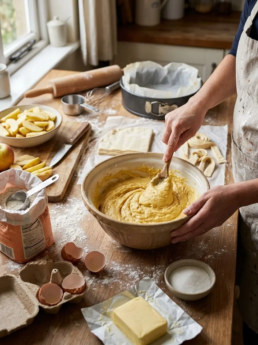 Mixing butter cake batter for German apple custard spiral cake beside sliced apples, puff pastry strips and a lined springform pan