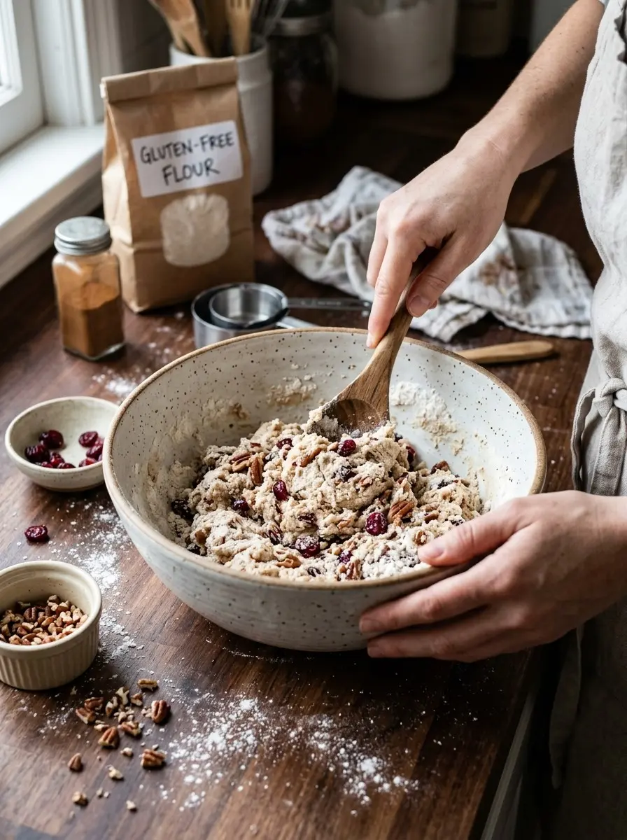 Gluten-Free Cranberry Pecan Breakfast Rolls 5 Mixing gluten-free dough with dried cranberries and pecans in a ceramic bowl