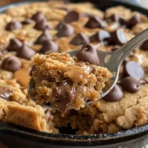 Spoonful of peanut butter Greek yogurt skillet cookie with gooey melted chocolate center