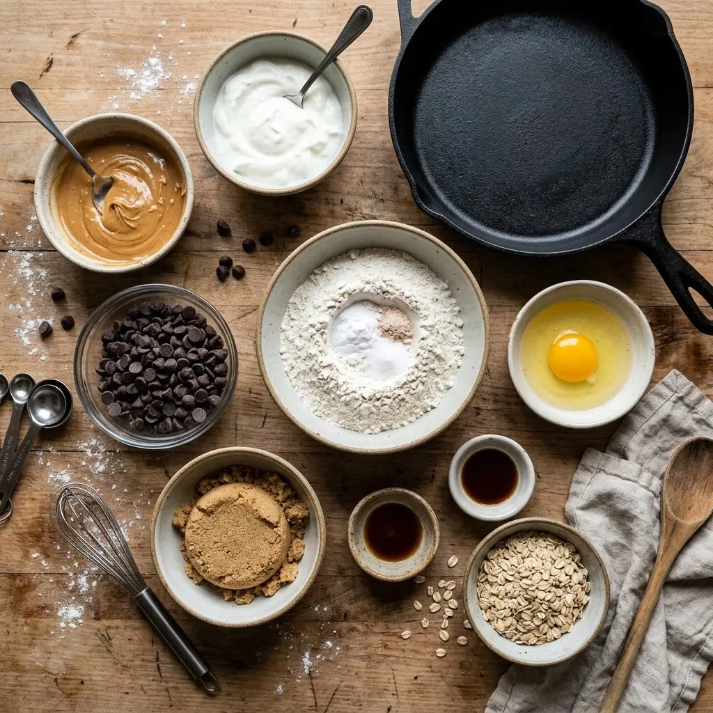 Gooey Peanut Butter Greek Yogurt Skillet Cookie 4 Ingredients for peanut butter Greek yogurt skillet cookie: peanut butter, Greek yogurt, oats, chocolate chips, egg and brown sugar