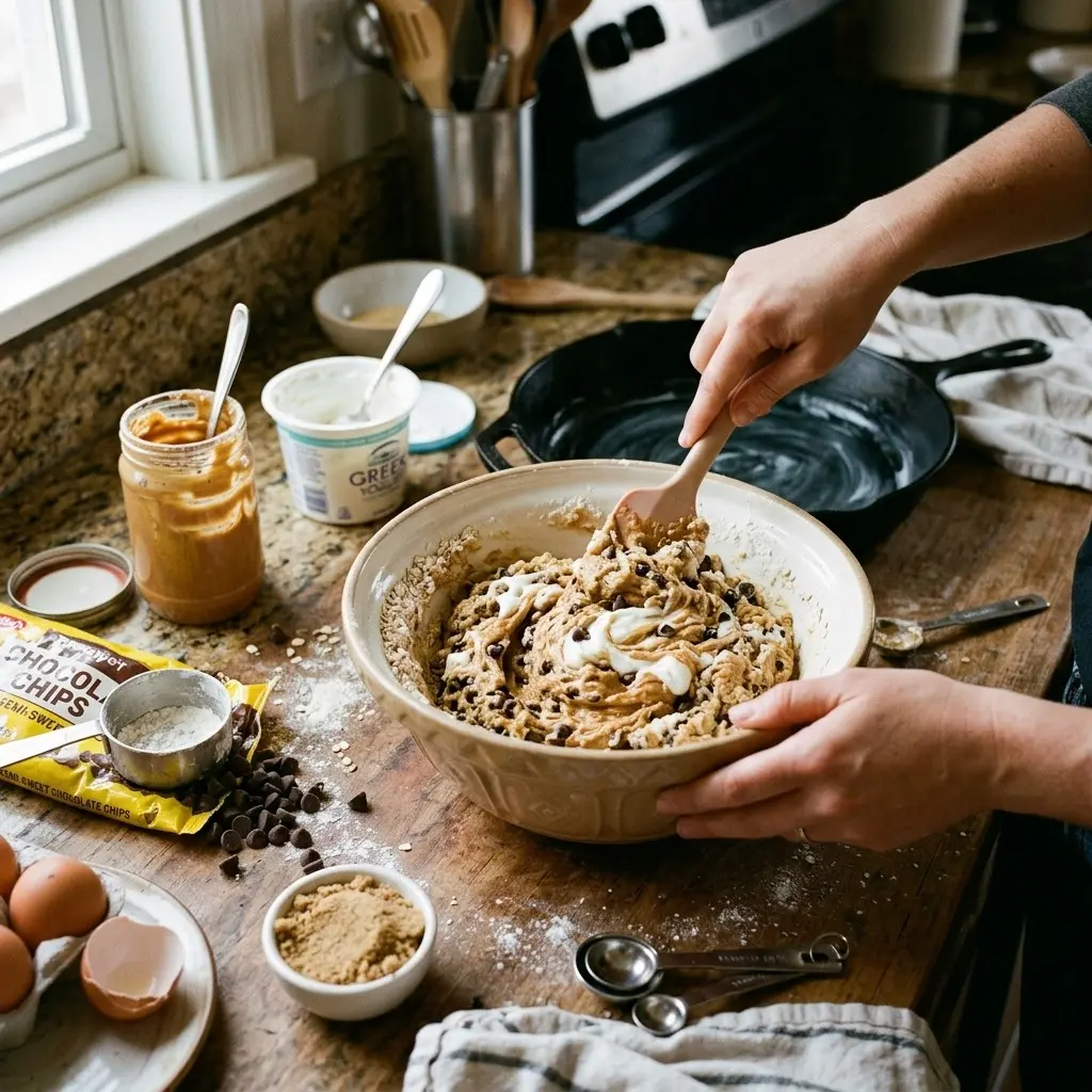 Gooey Peanut Butter Greek Yogurt Skillet Cookie 5 Mixing peanut butter Greek yogurt skillet cookie batter in a large bowl next to a cast iron skillet